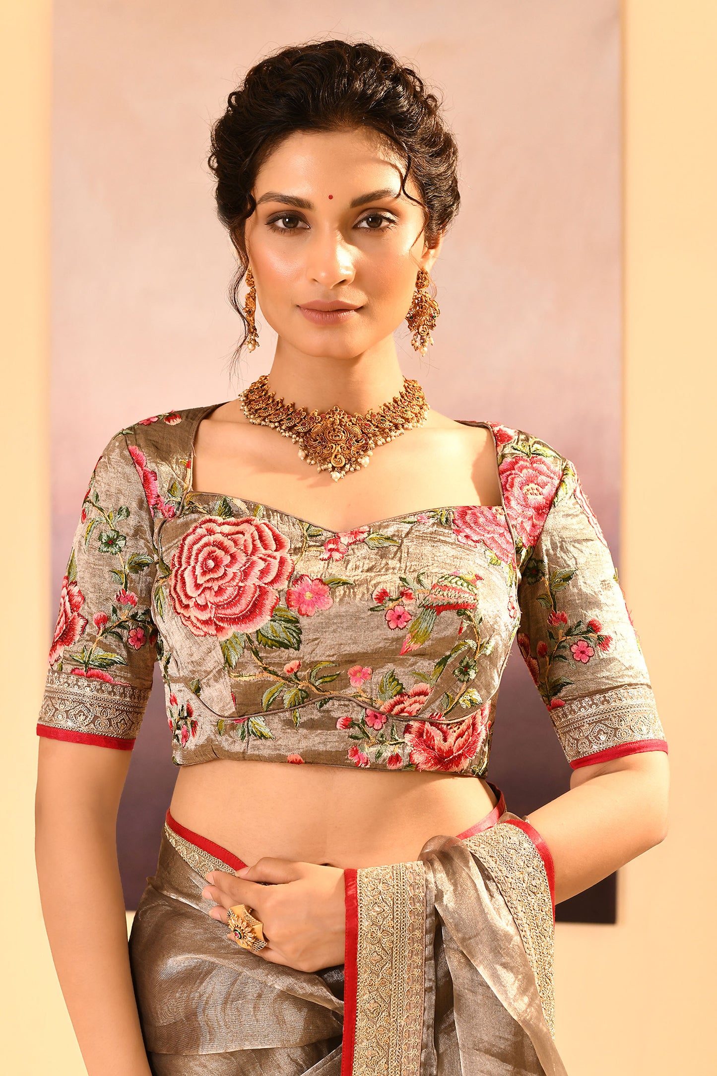 Earthy Dark Green Embroidered Metallic Tissue Saree