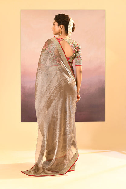 Earthy Dark Green Embroidered Metallic Tissue Saree