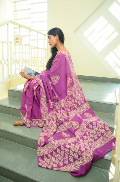 Poppins Collection - Purple Poppins Candy - Handblock Print Natural Dyed - Mulmul Cotton Saree
