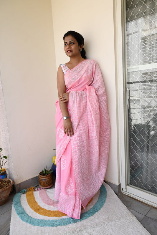 Summer Vacation Collection - Rose Milk- Handblock Print Natural Dyed - Pink Mulmul Cotton Saree