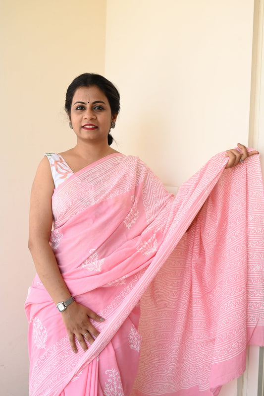 Summer Vacation Collection - Rose Milk- Handblock Print Natural Dyed - Pink Mulmul Cotton Saree