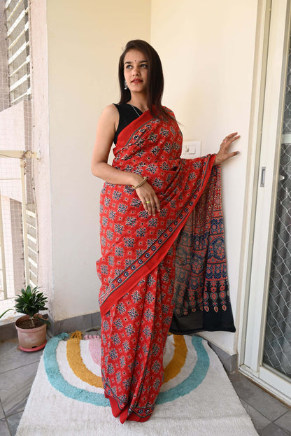 Red Ajrakh - Cotton Mulmul Handblock Saree