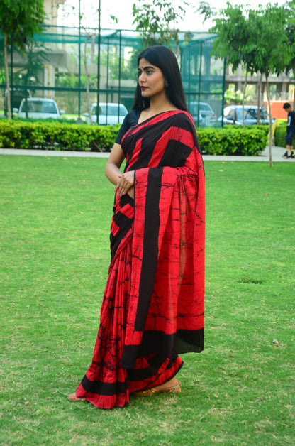 Fire in the Sky - Red Batik Cotton Mulmul Handblock Saree