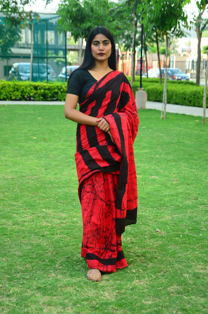 Fire in the Sky - Red Batik Cotton Mulmul Handblock Saree