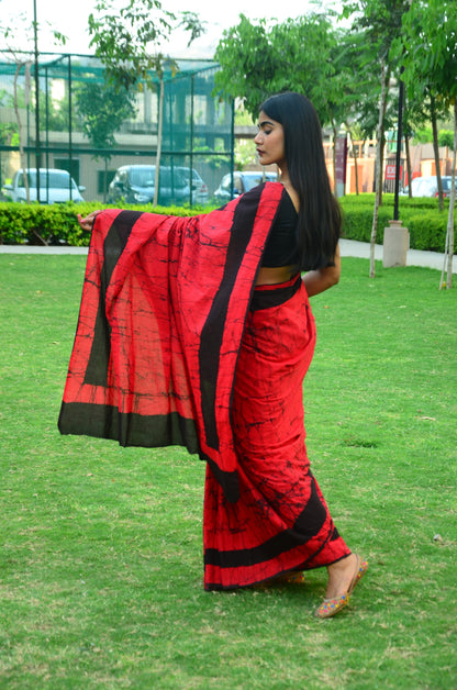 Fire in the Sky - Red Batik Cotton Mulmul Handblock Saree
