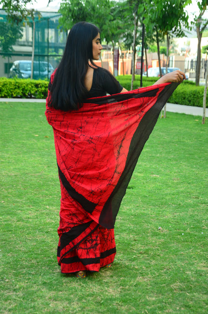 Fire in the Sky - Red Batik Cotton Mulmul Handblock Saree
