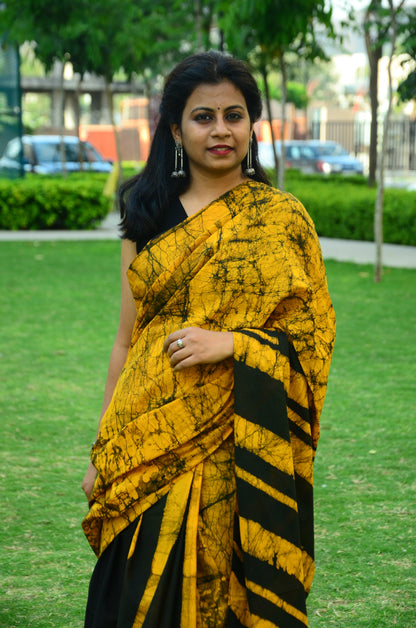 Sand Dunes - Yellow Batik Cotton Mulmul Handblock Saree