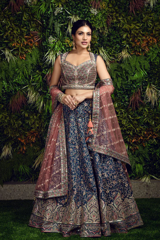 Navy Blue Sequence Embroidery Silk Lehenga for Sangeet C001
