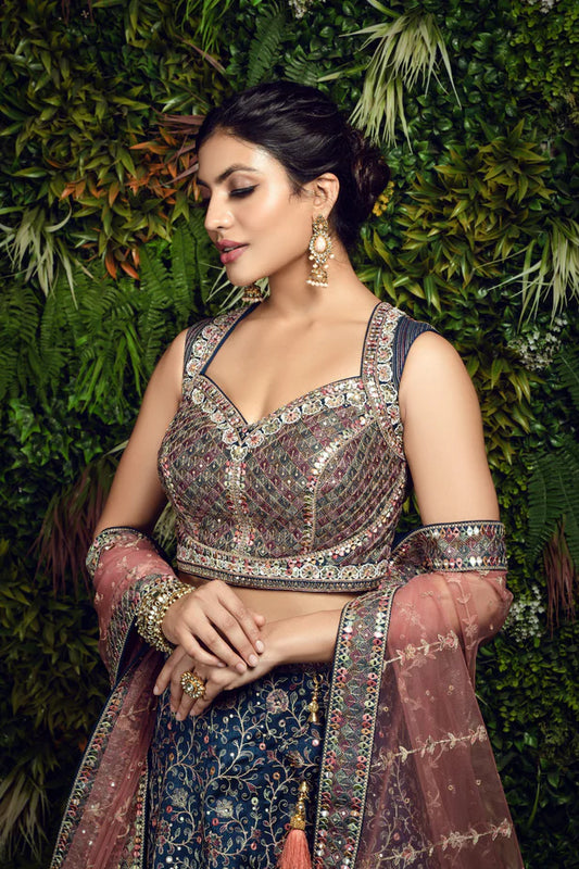 Navy Blue Sequence Embroidery Silk Lehenga for Sangeet C001
