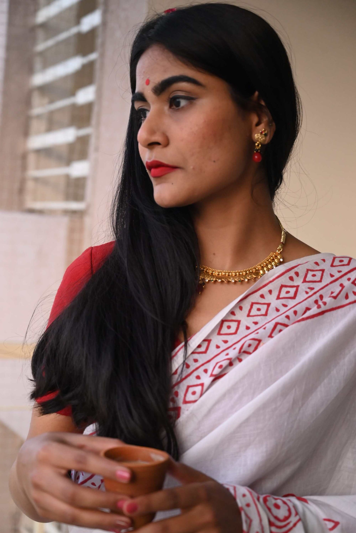 A Girl At Durga Puja - White Handblock Print Natural Dyed - Mulmul Cotton Saree