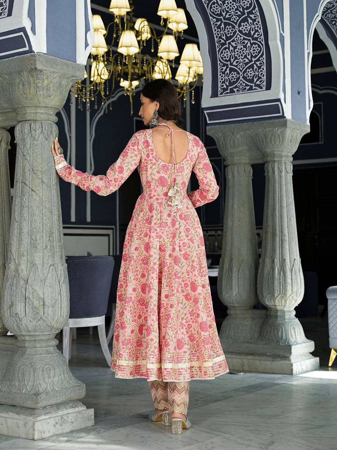 Pink Floral Printed Anarkali Kurta Trouser with Dupatta Set