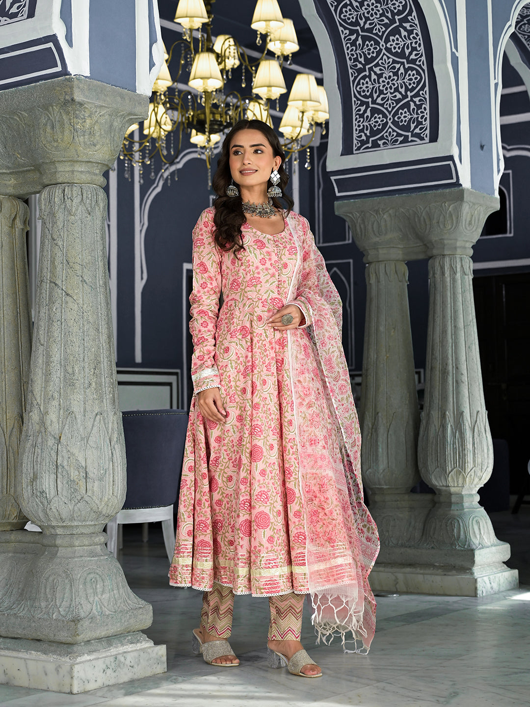 Pink Floral Printed Anarkali Kurta Trouser with Dupatta Set