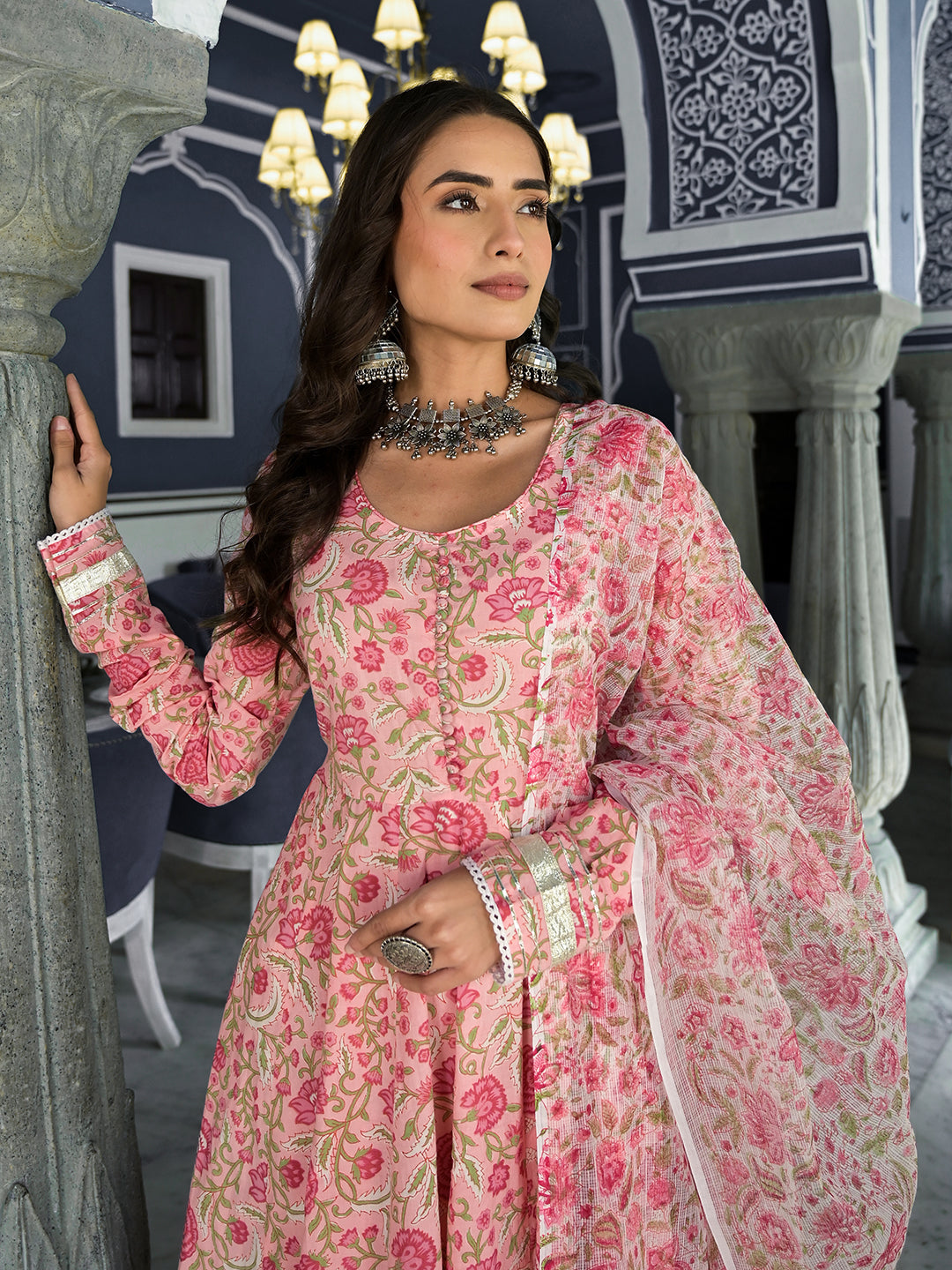 Pink Floral Printed Anarkali Kurta Trouser with Dupatta Set