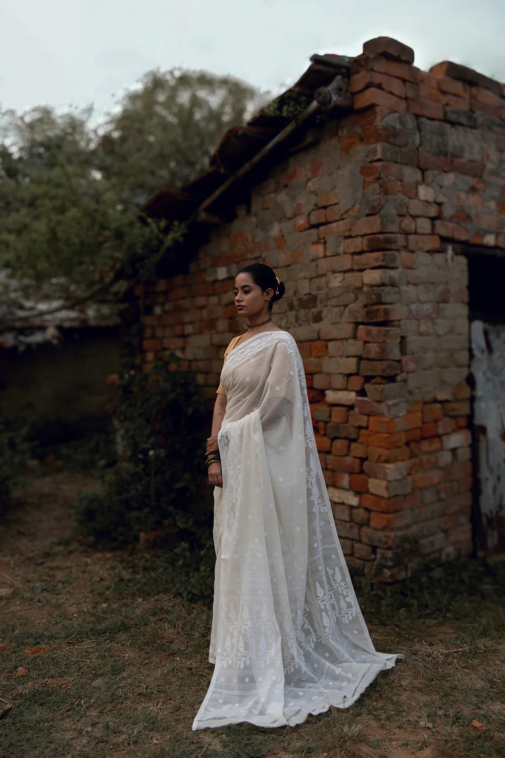 Handloom Off White Pure Cotton Jamdani Saree with White Woven Border