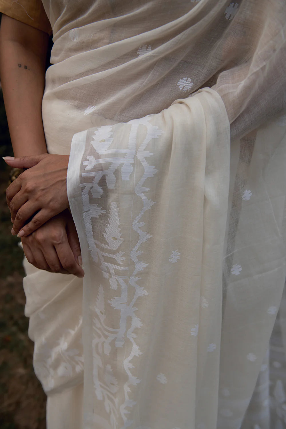 Handloom Off White Pure Cotton Jamdani Saree with White Woven Border