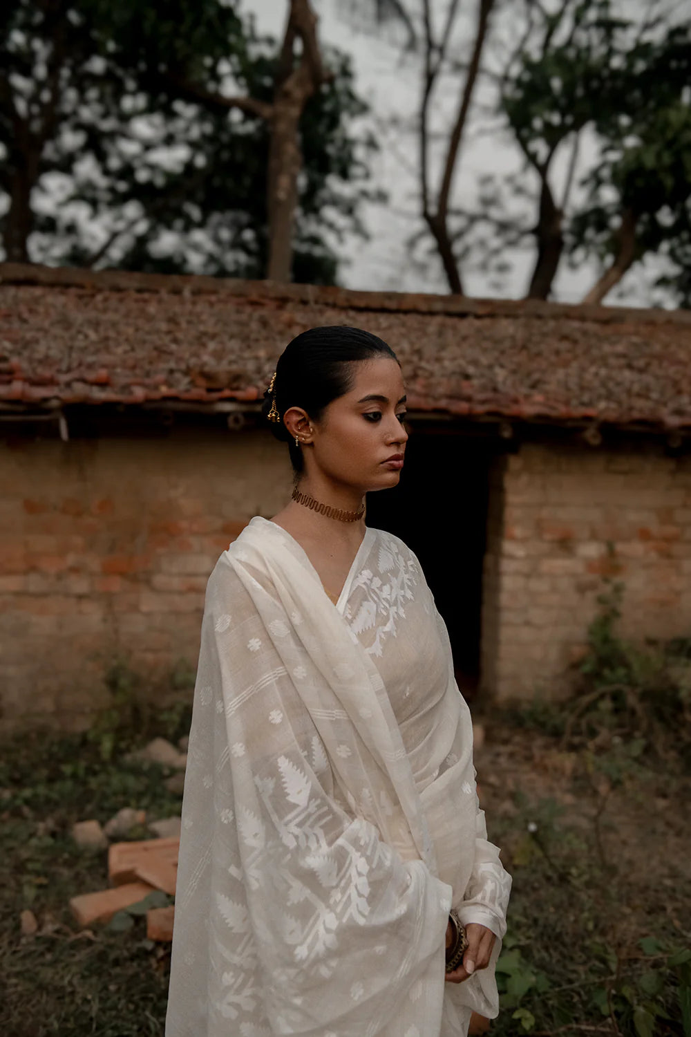Handloom Off White Pure Cotton Jamdani Saree with White Woven Border