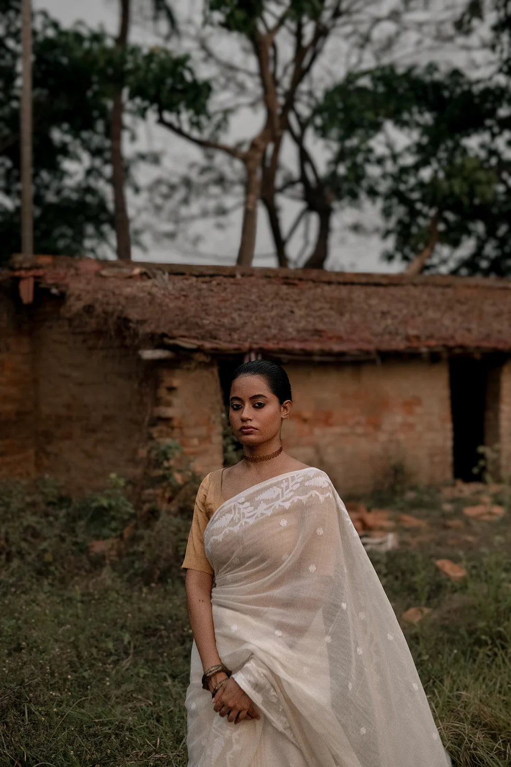 Handloom Off White Pure Cotton Jamdani Saree with White Woven Border