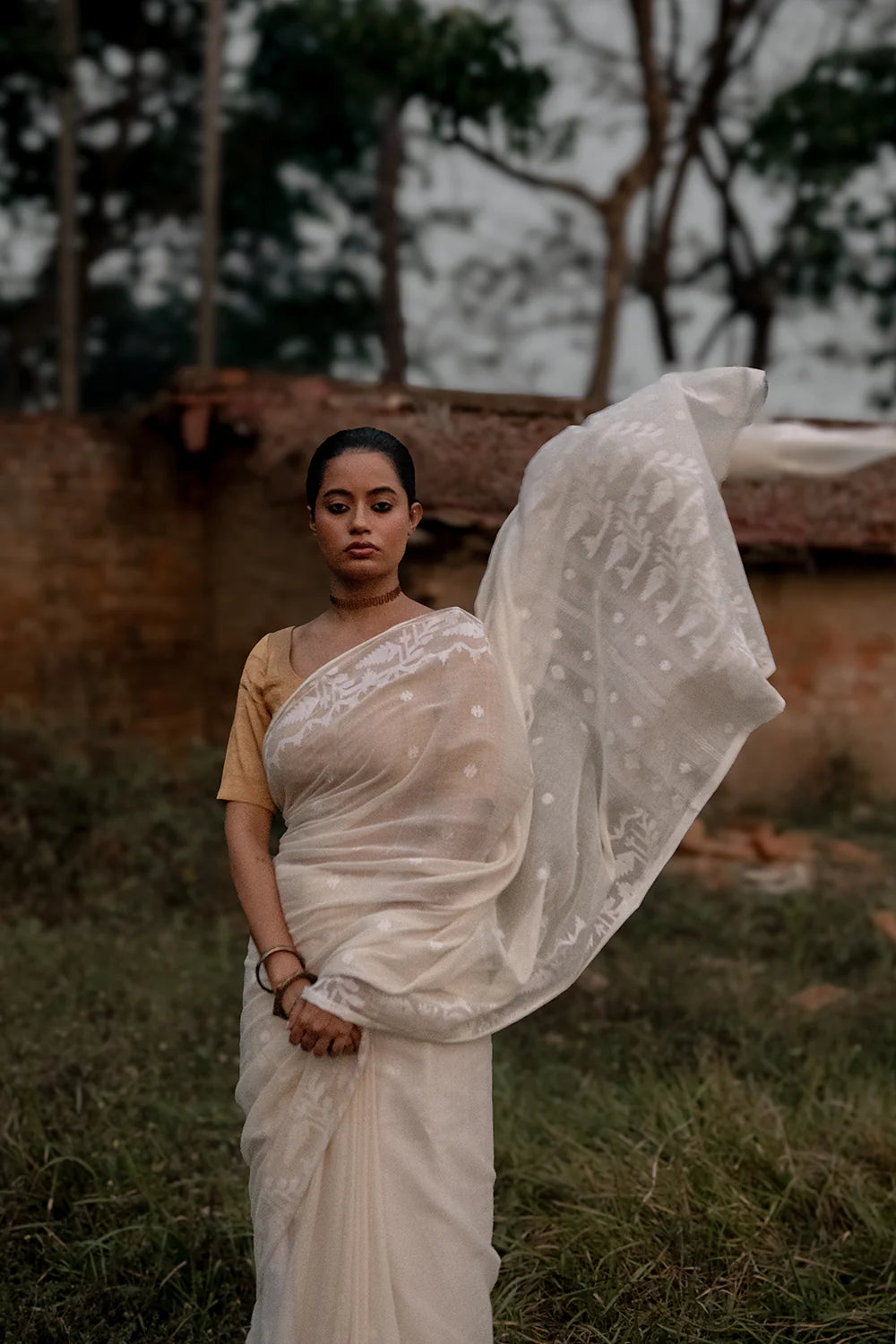 Handloom Off White Pure Cotton Jamdani Saree with White Woven Border
