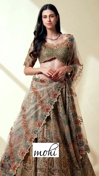Dark Beige Designer Heavy Embroidered Net Wedding Lehenga