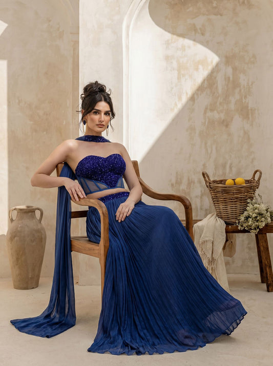 Royal Blue Corset Pure Chinnon Cutdana & Sequence Hand Work Party Wear pleated Skirt & Dupatta