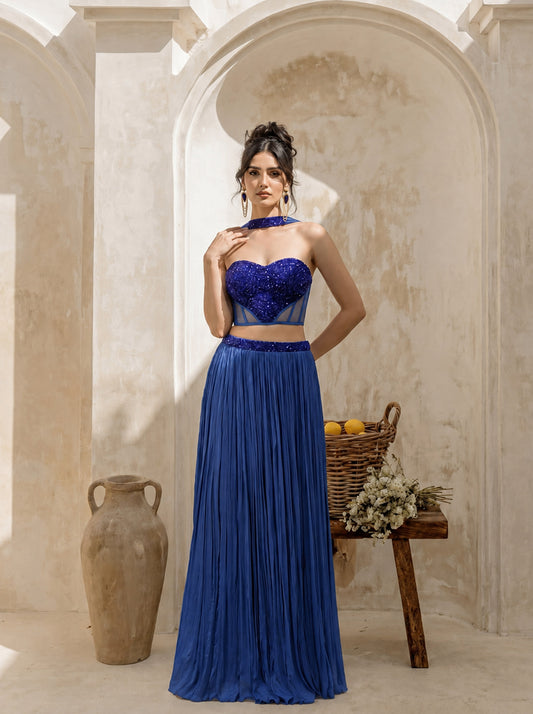 Royal Blue Corset Pure Chinnon Cutdana & Sequence Hand Work Party Wear pleated Skirt & Dupatta