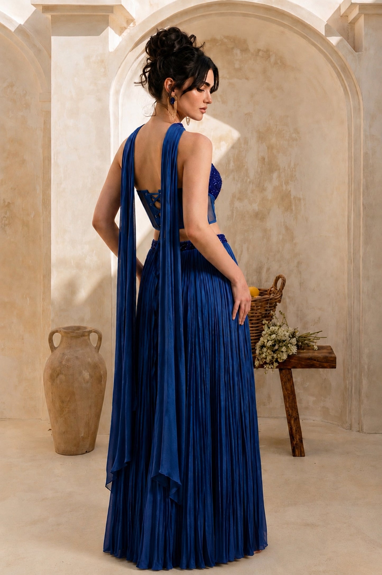 Royal Blue Corset Pure Chinnon Cutdana & Sequence Hand Work Party Wear pleated Skirt & Dupatta