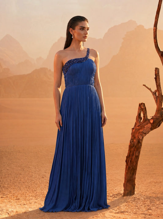 Blue One-Shoulder Pure Chinnon Party Wear Pleated Gown