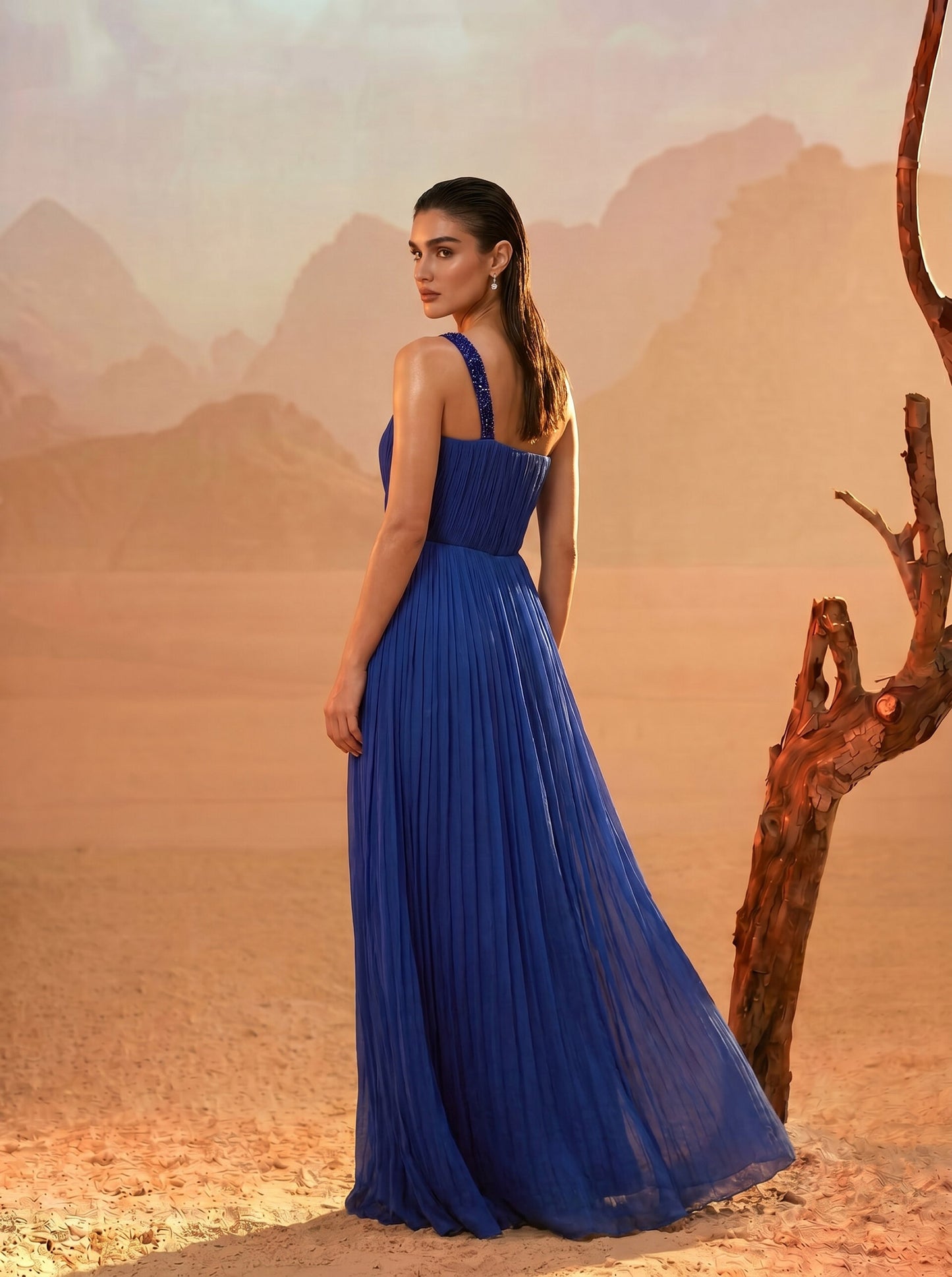 Blue One-Shoulder Pure Chinnon Party Wear Pleated Gown