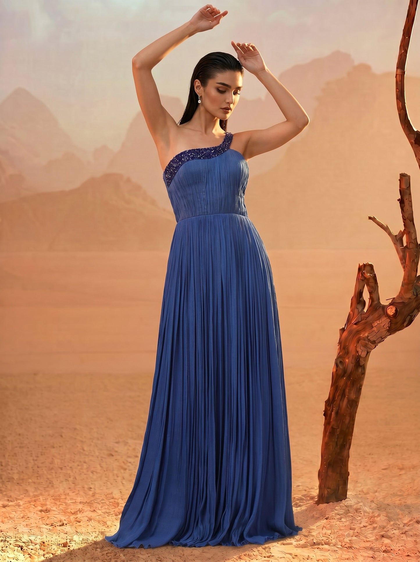 Blue One-Shoulder Pure Chinnon Party Wear Pleated Gown