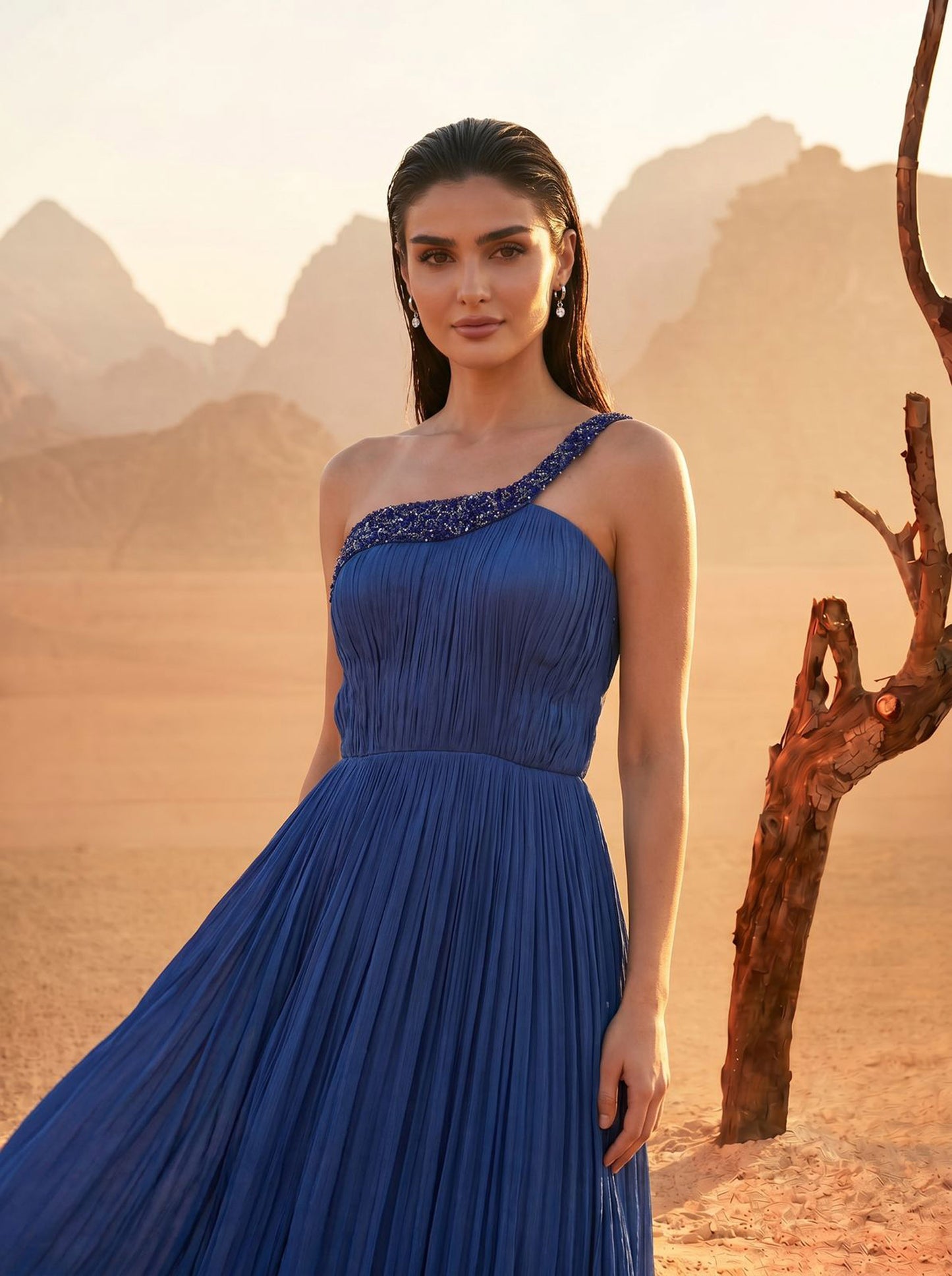 Blue One-Shoulder Pure Chinnon Party Wear Pleated Gown