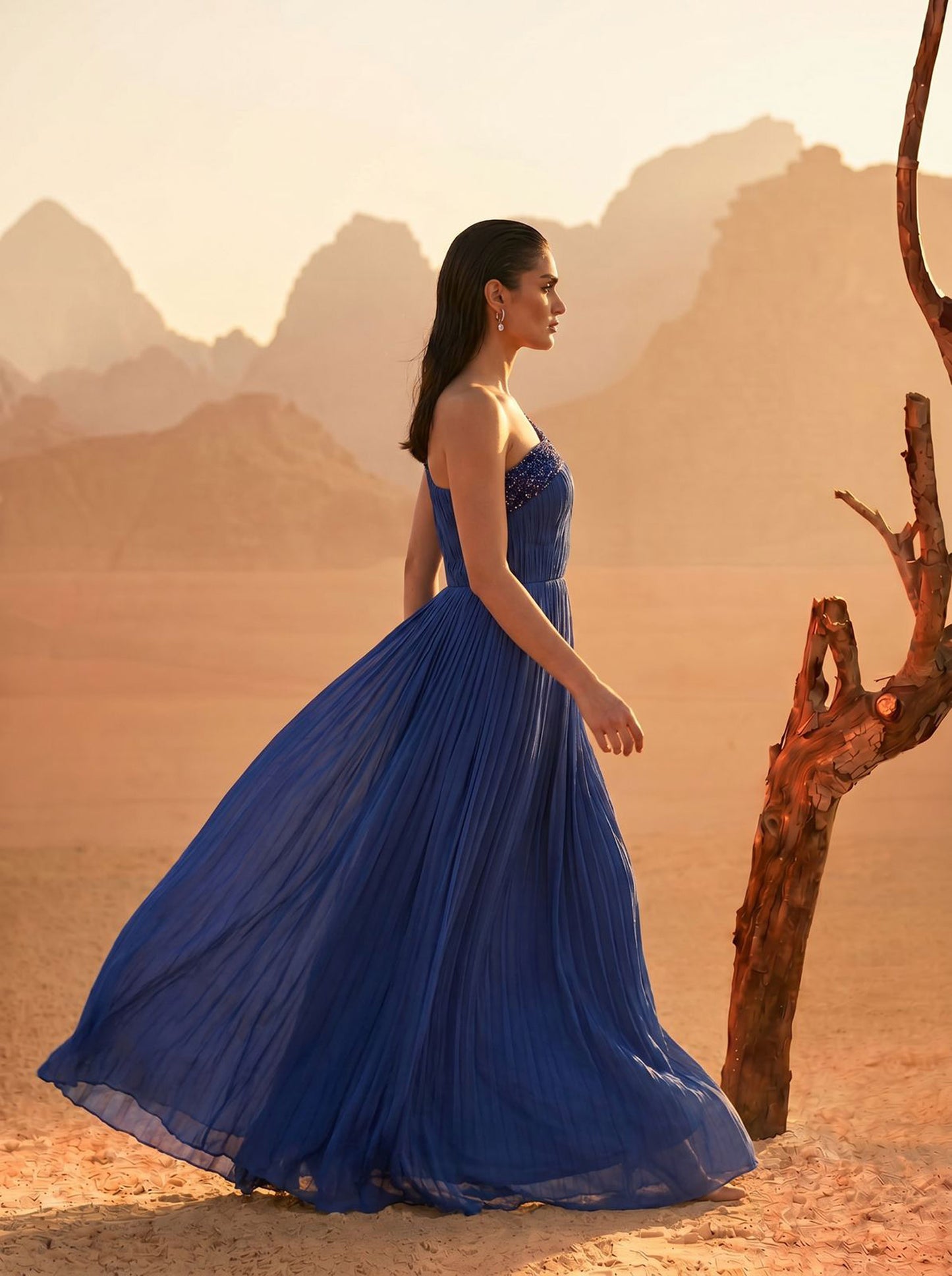 Blue One-Shoulder Pure Chinnon Party Wear Pleated Gown