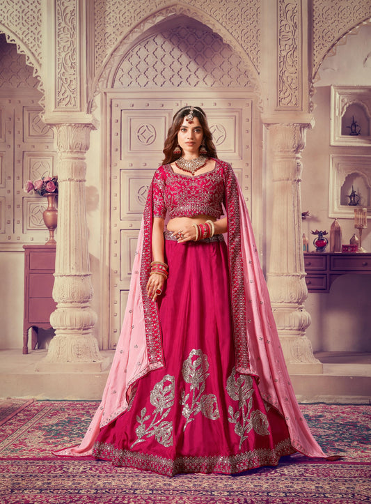 Dark Pink Sequence Embroidery Viscose Upada Silk Lehenga