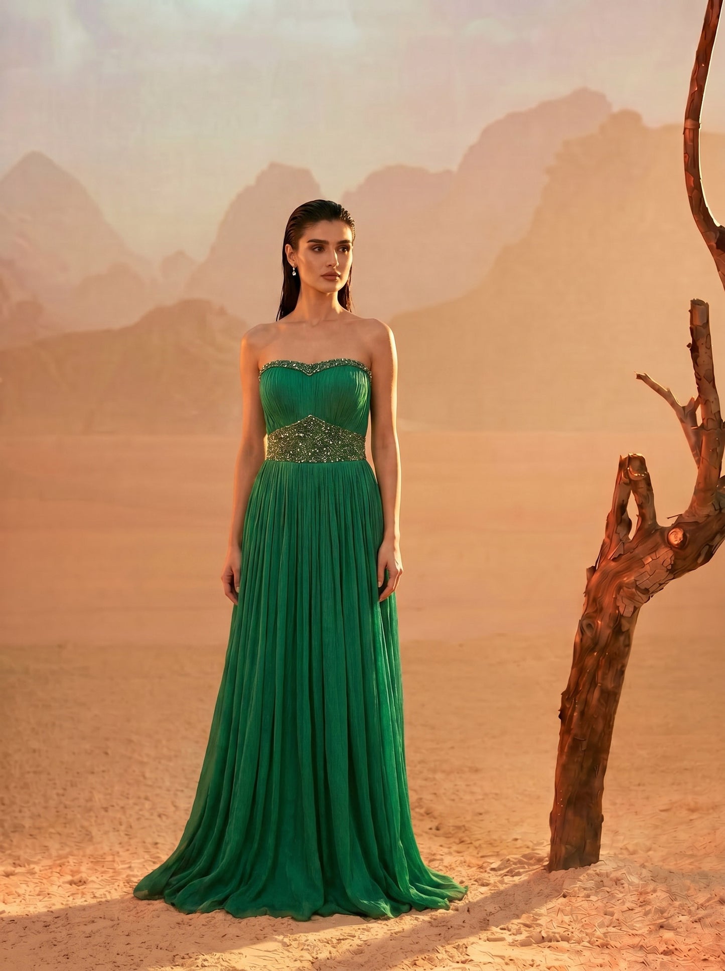 Off-shoulder Emerald Green Pure Chinnon Party Wear  Pleated Gown