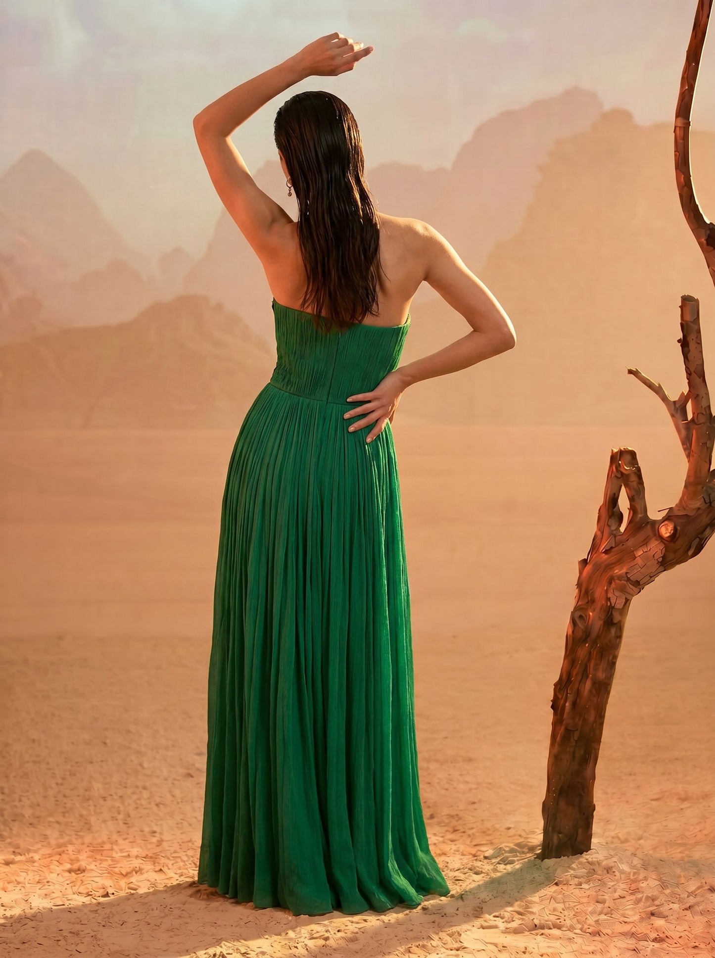 Off-shoulder Emerald Green Pure Chinnon Party Wear  Pleated Gown