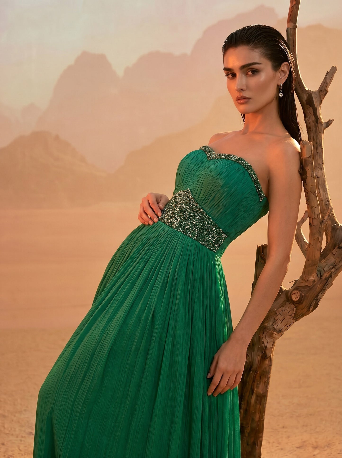 Off-shoulder Emerald Green Pure Chinnon Party Wear  Pleated Gown