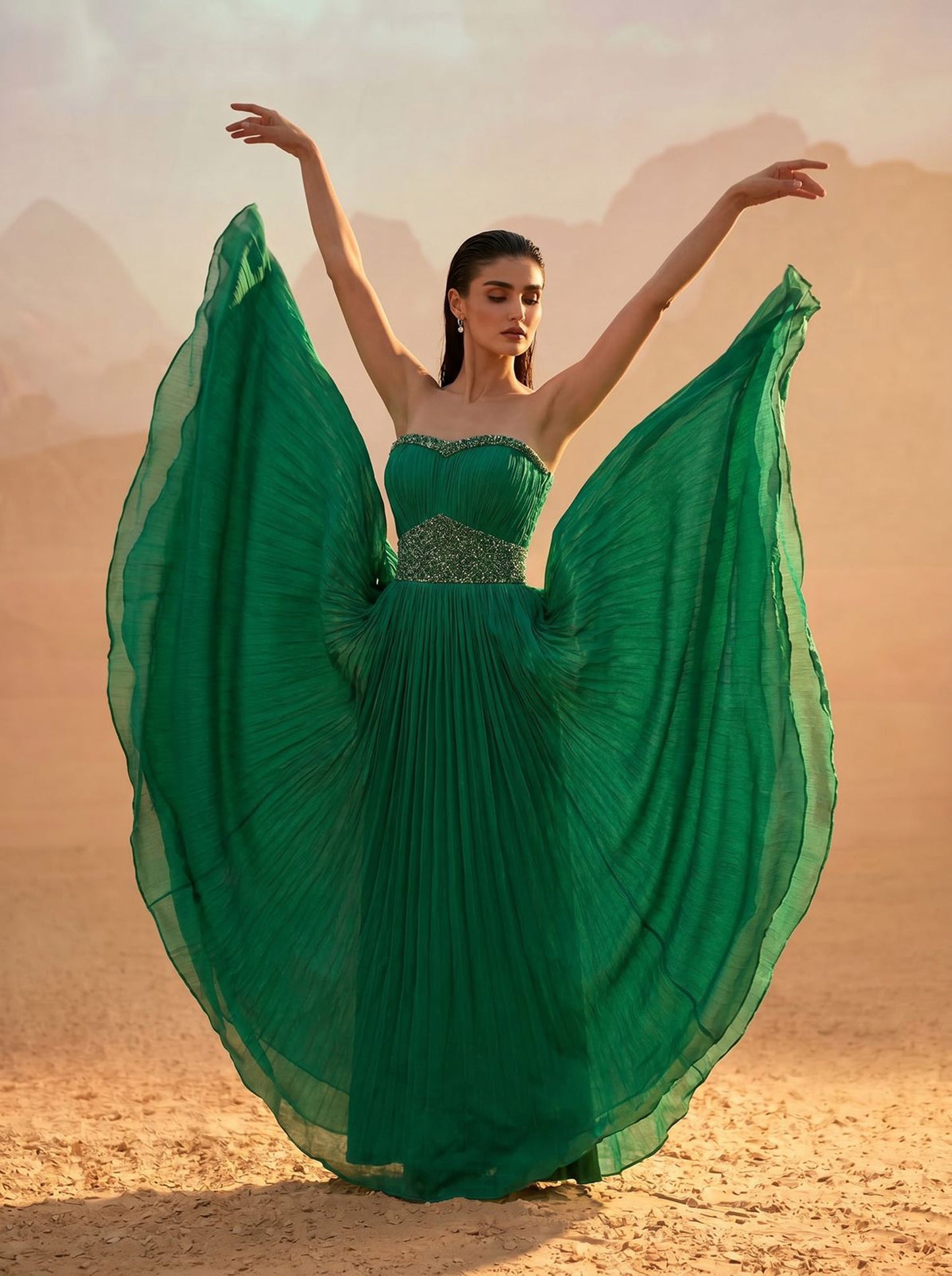 Off-shoulder Emerald Green Pure Chinnon Party Wear  Pleated Gown