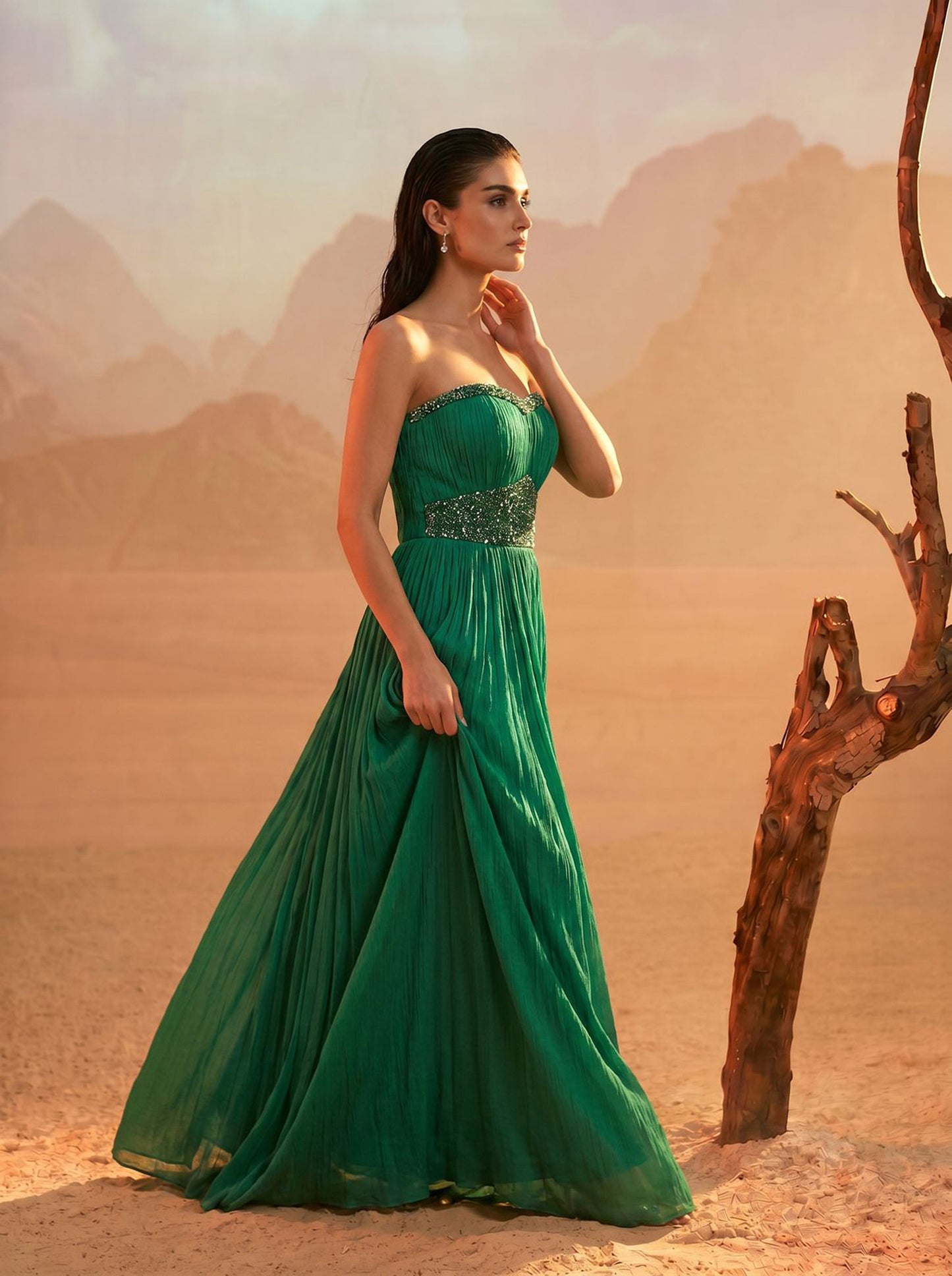 Off-shoulder Emerald Green Pure Chinnon Party Wear  Pleated Gown