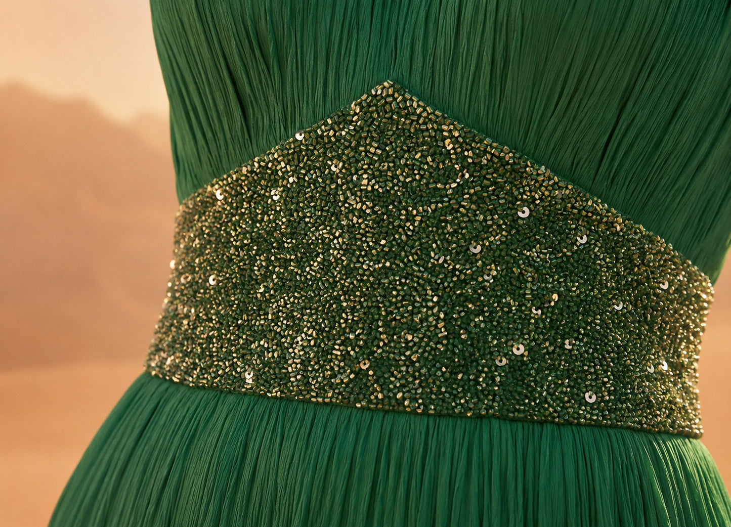 Off-shoulder Emerald Green Pure Chinnon Party Wear  Pleated Gown