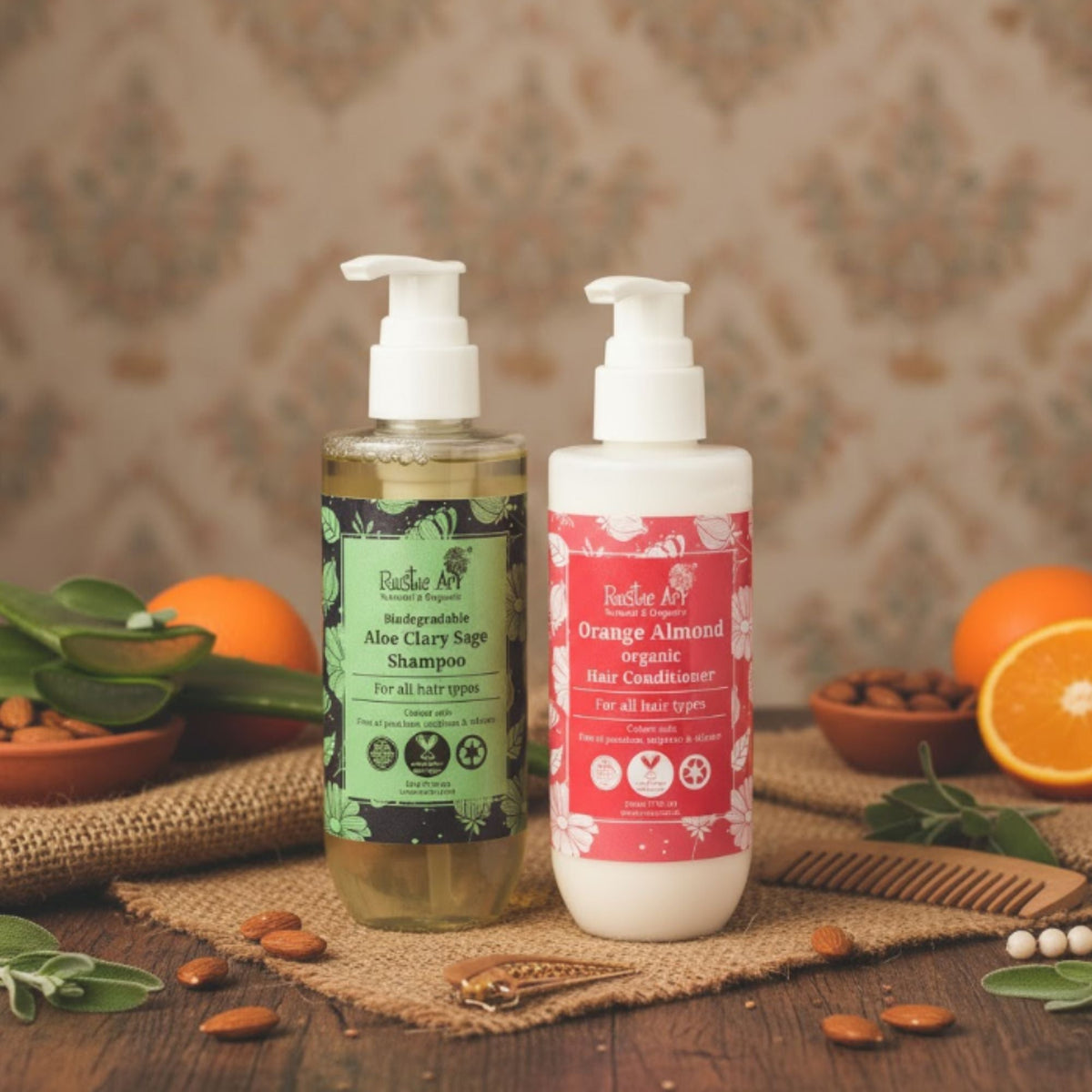Delight Hair Care Combo- Aloe Clary Sage Shampoo & Orange Almond Hair Conditioner, Rustic Art