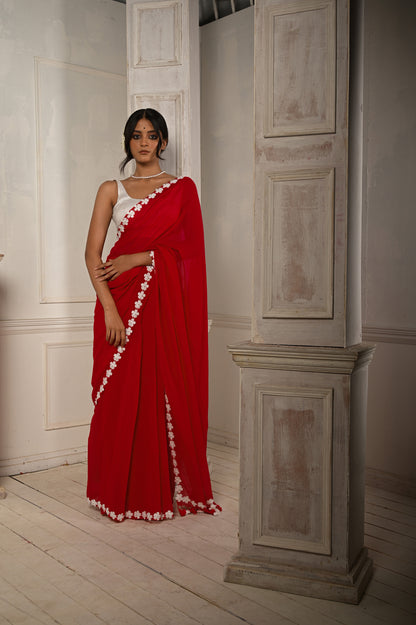 Dhalta sooraj | Red Cotton Saree With Stitched Lace Floral Embroidered Border