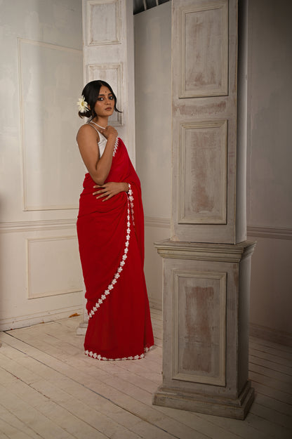 Dhalta sooraj | Red Cotton Saree With Stitched Lace Floral Embroidered Border