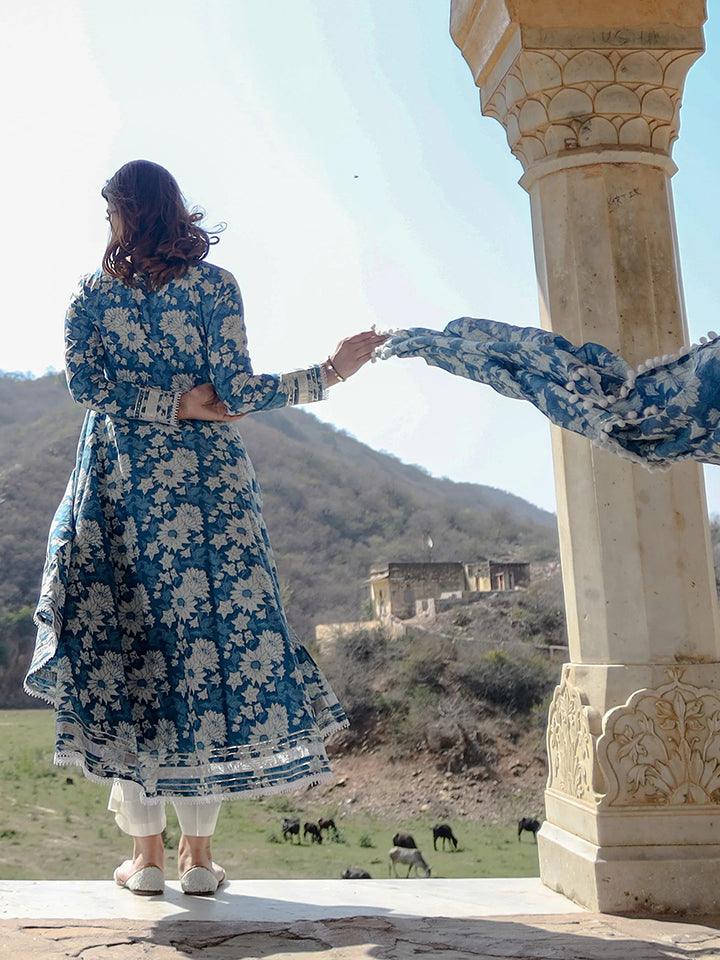 Indigo Blue Cotton Anarkali Kurta Pant Set