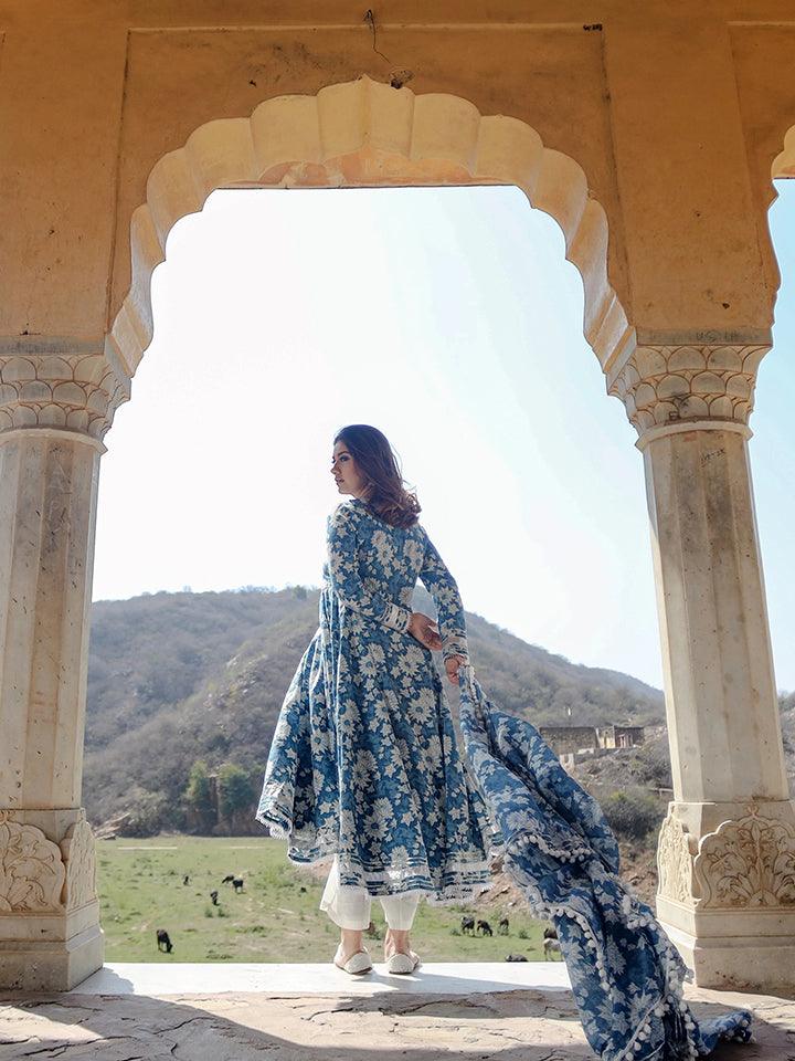 Indigo Blue Cotton Anarkali Kurta Pant Set