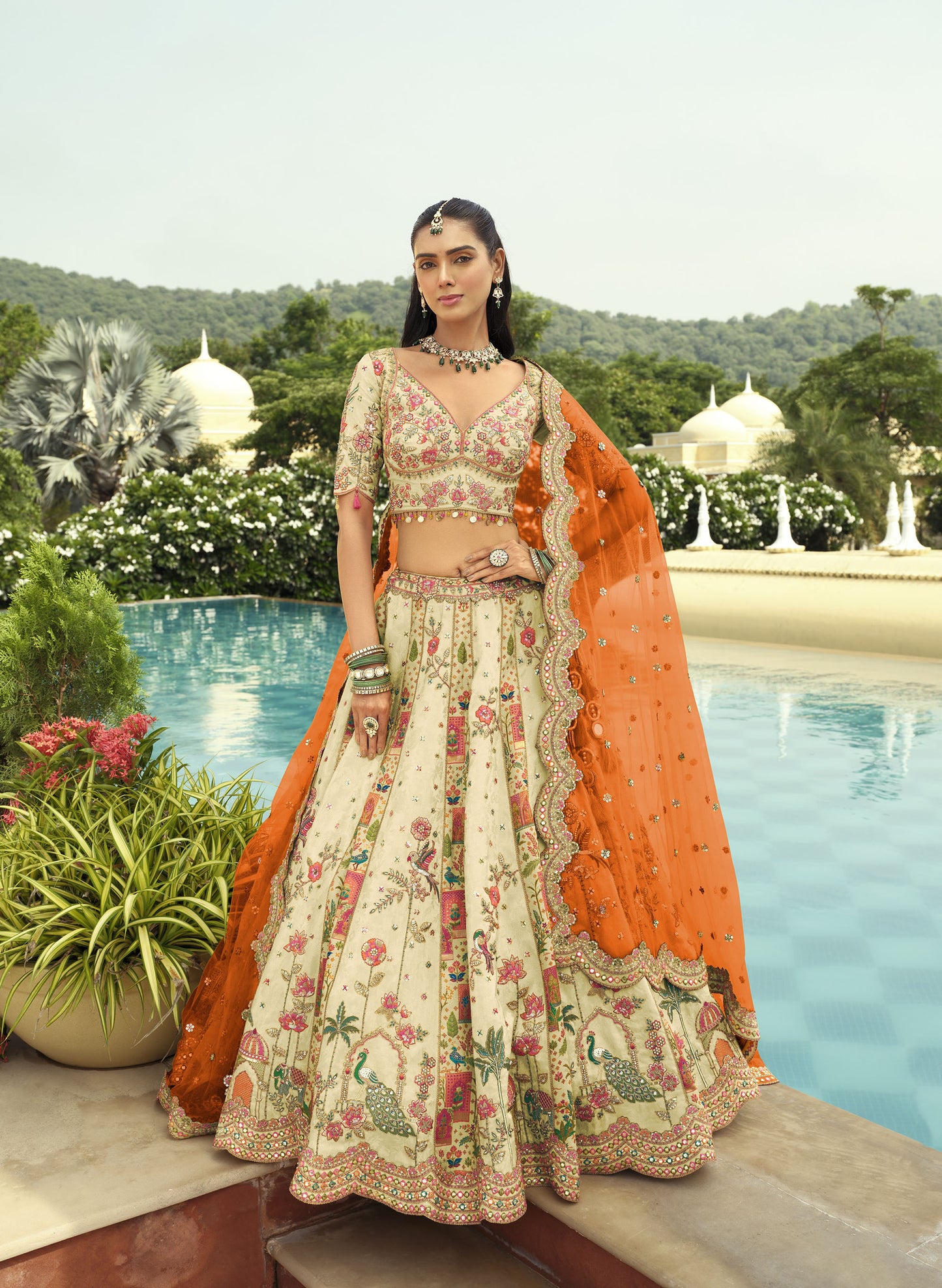 Cream & Orange Silk Heavy Cut Work and Mirror Embroidery Bridal Lehenga