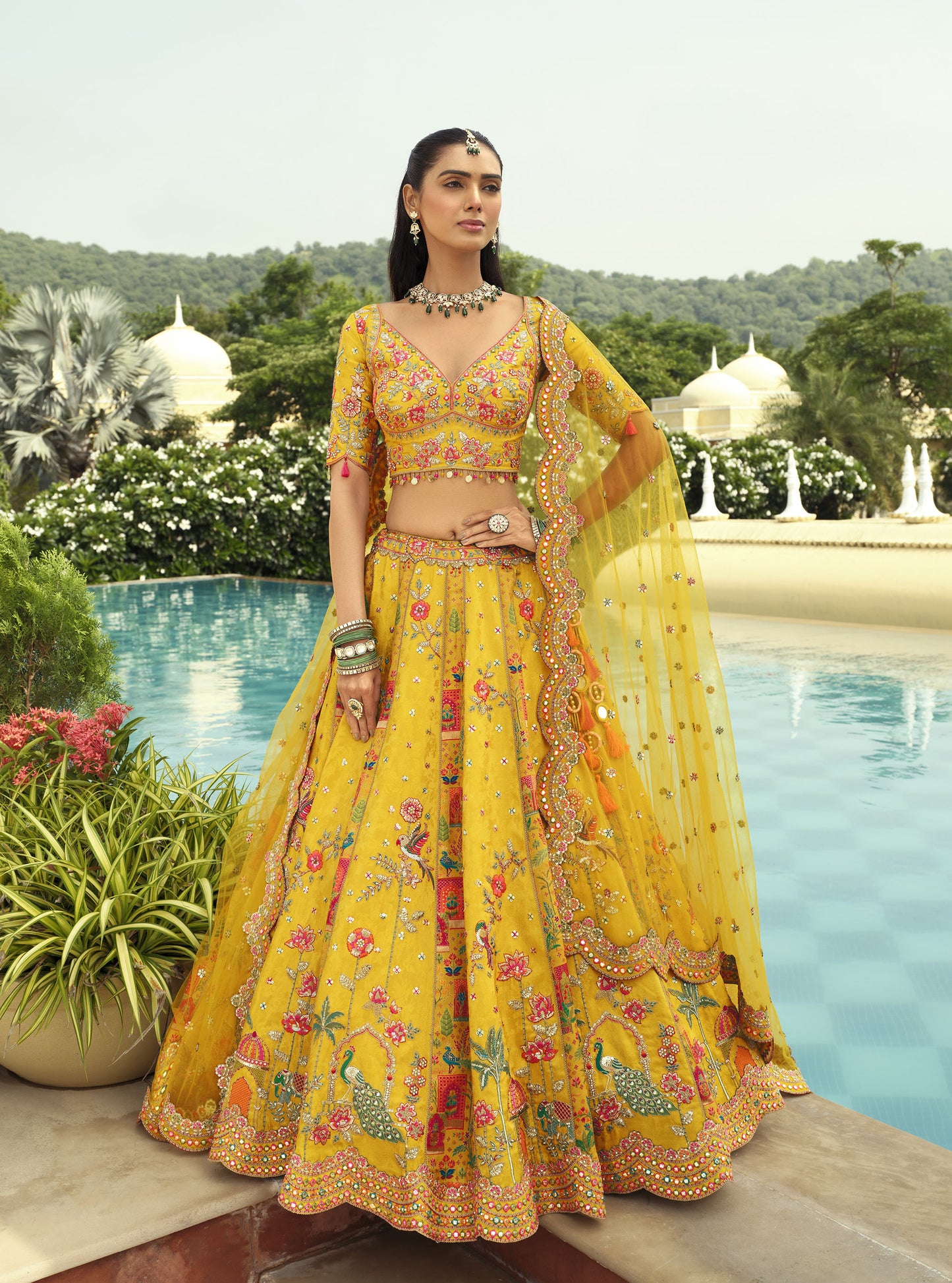 Yellow Silk Heavy Cut Work and Mirror Embroidery Haldi Lehenga for Bride