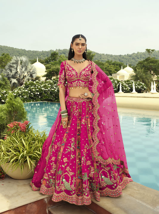 Rani Pink Silk Heavy Cut Work and Mirror Embroidery Bridal Lehenga