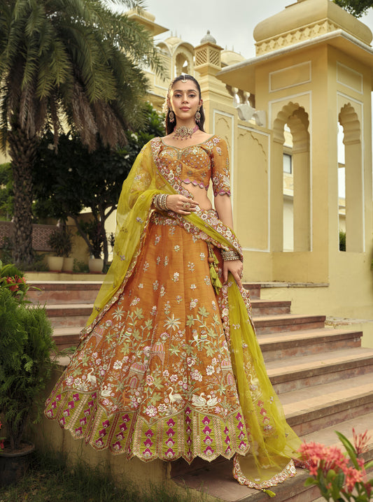 Green & Orange Silk Heavy Cut Work and Mirror Embroidery Bridal Lehenga