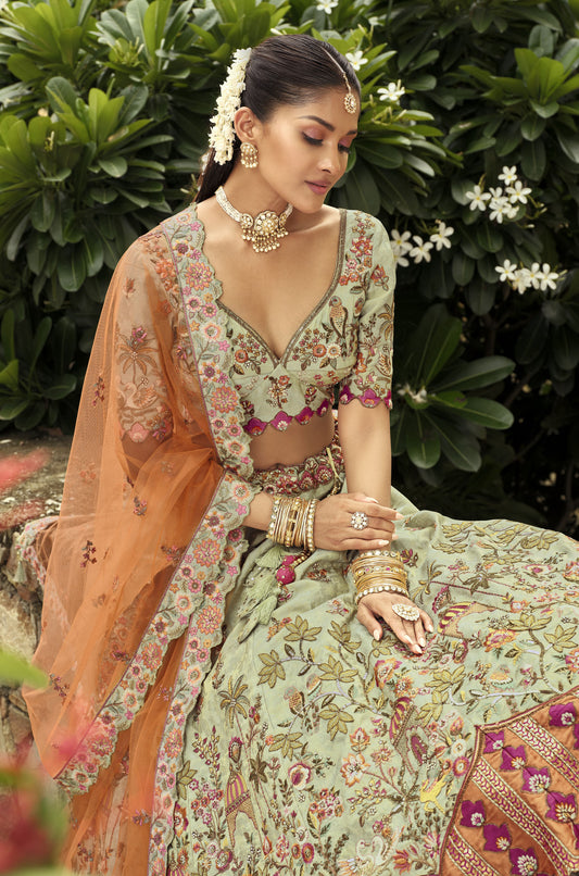 Green & Orange Silk Heavy Cut Work and Mirror Embroidery Bridal Lehenga