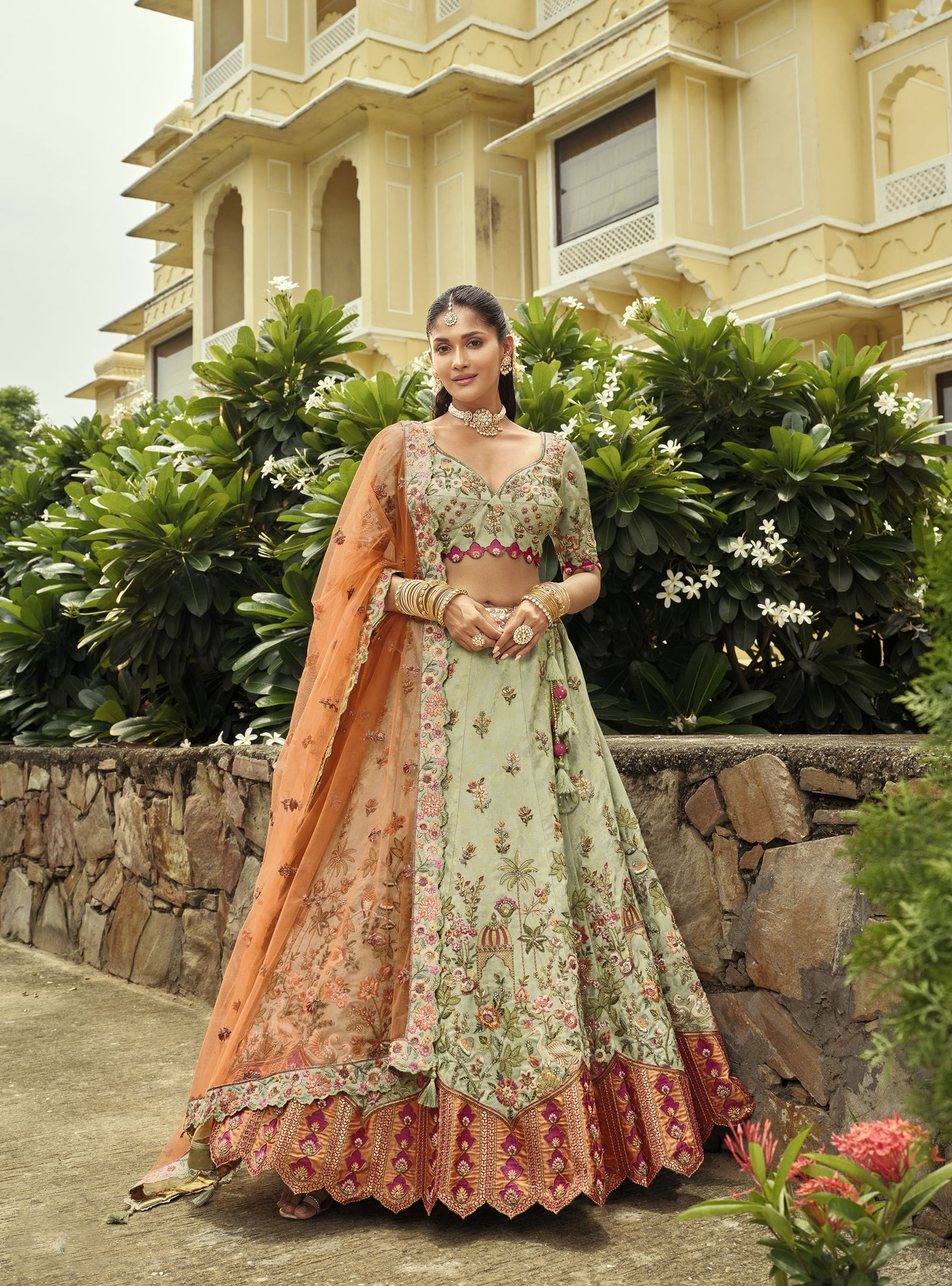 Green & Orange Silk Heavy Cut Work and Mirror Embroidery Bridal Lehenga