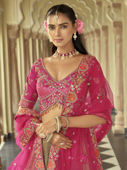 Cream & Rani Pink Silk Heavy Cut Work and Mirror Embroidery Bridal Lehenga